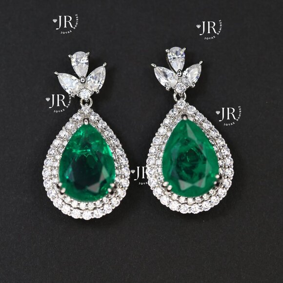 .925 Sterling Silver Teardrop Earrings with Emerald-Tone CZ and Clear CZ Halo. - Picture 1 of 6